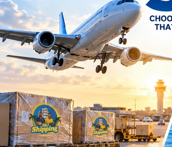 Cargo plane taking off over air freight pallets