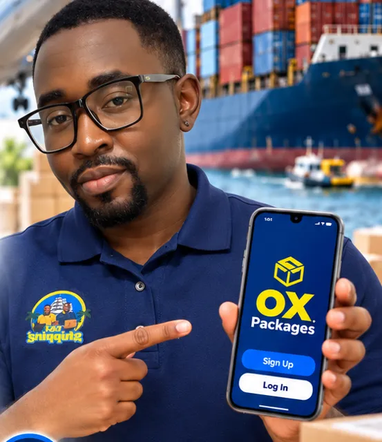 F&J Shipping team member showing the OX Packages sign-up screen on a phone
